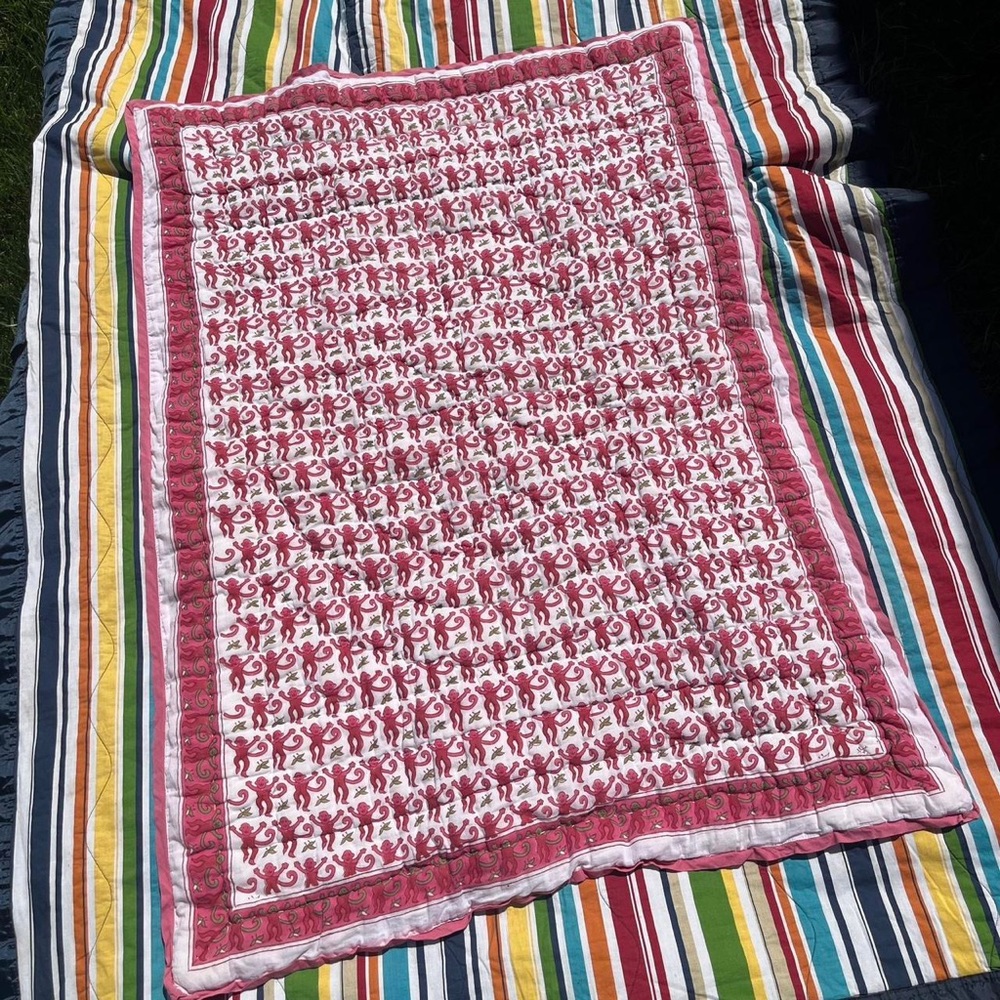 Roller Rabbit pink monkey baby quilt crib 50x38” reversible stripped comforter L
